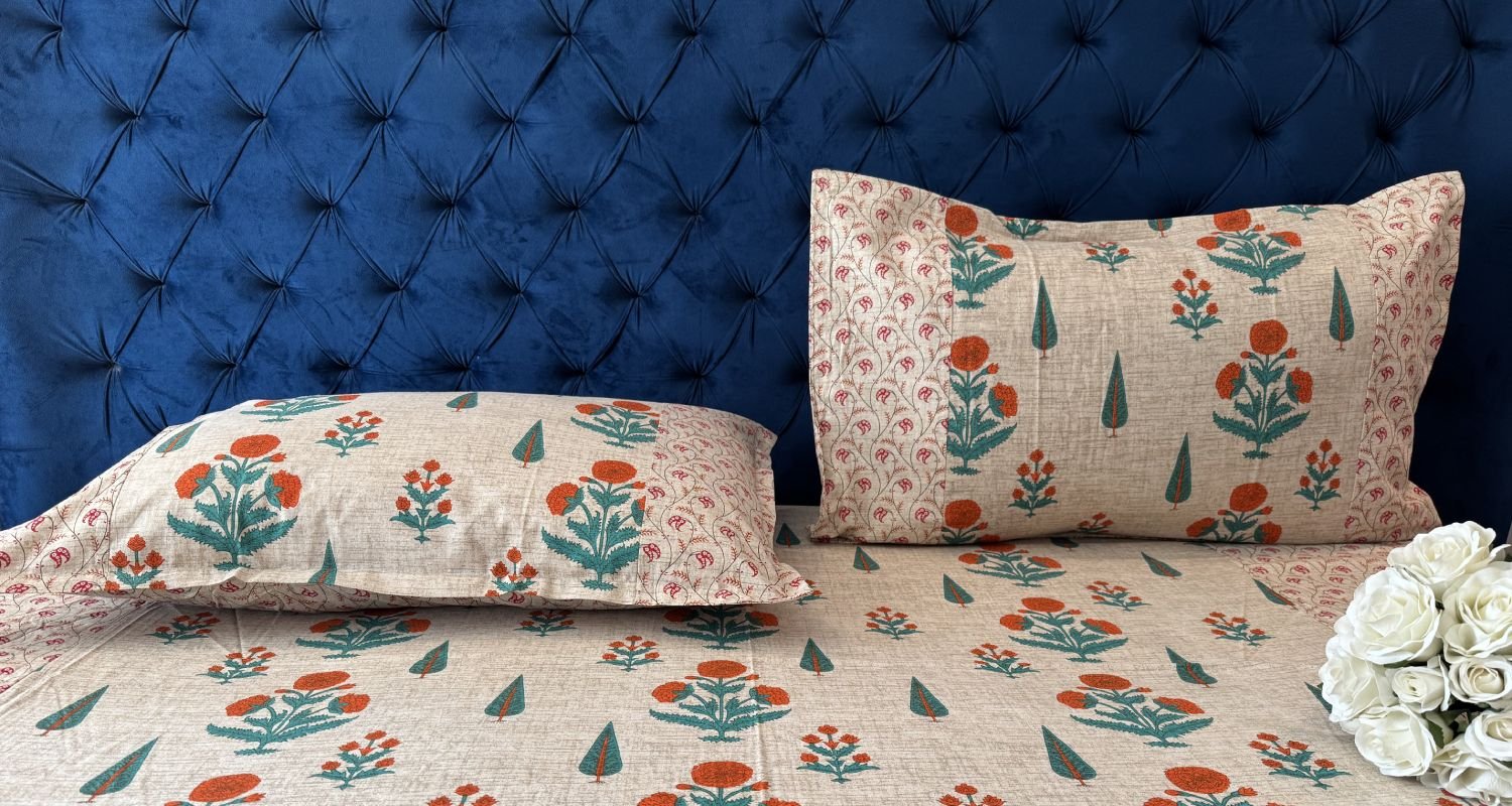 Natural pillows and bedsheets on a softly made bed