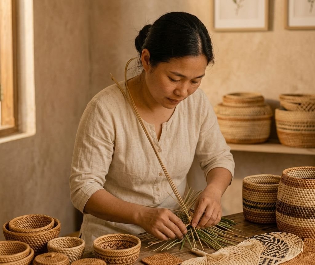 Women artisans weaving traditional reed craft in North East India