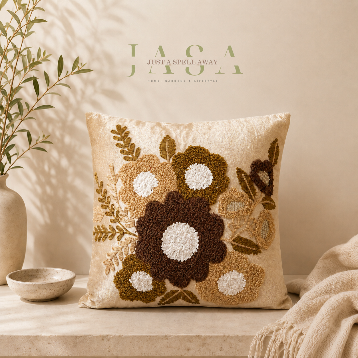 Blush Blossom Golden Embroidered Cushion Cover