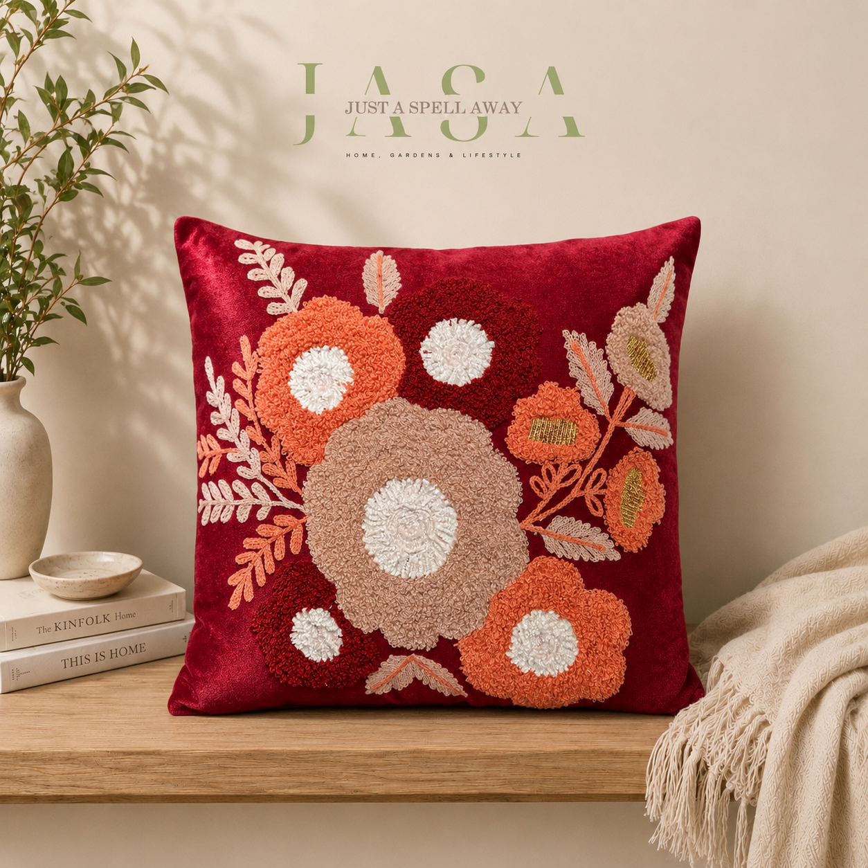 Blush Blossom Maroon Embroidered Cushion Cover