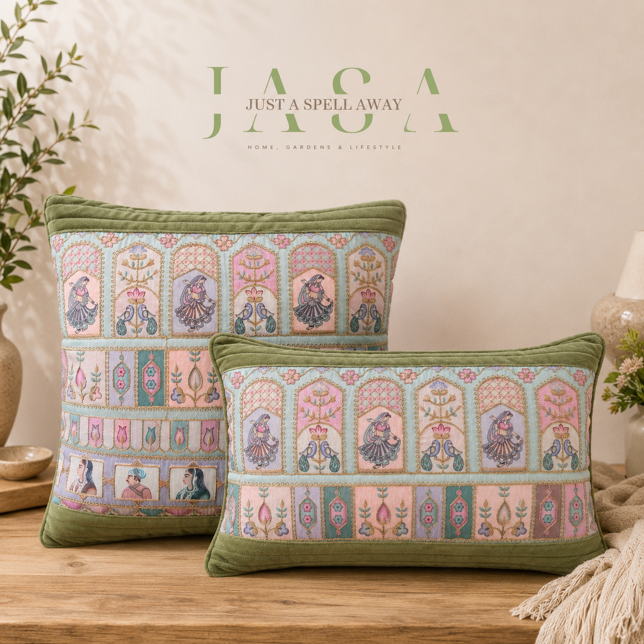 Royal Ethnic Cotton Velvet Cushion Cover - Green
