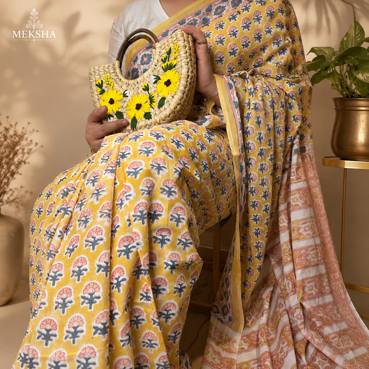 Hand Block Printed Soft Cotton Saree - Yellow Buta