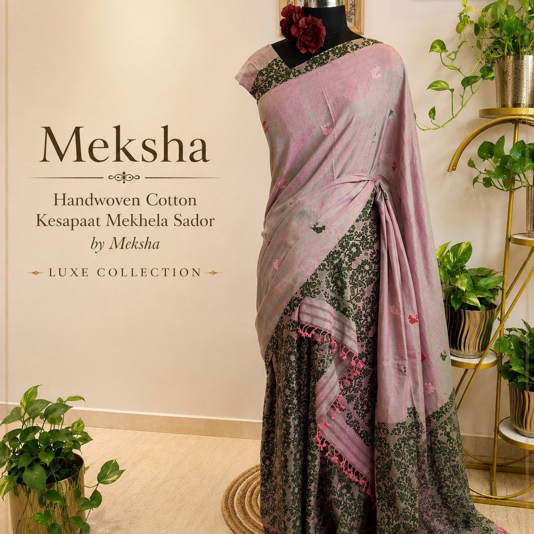Cotton Kesa Paat Mekhela Sador : Greenish