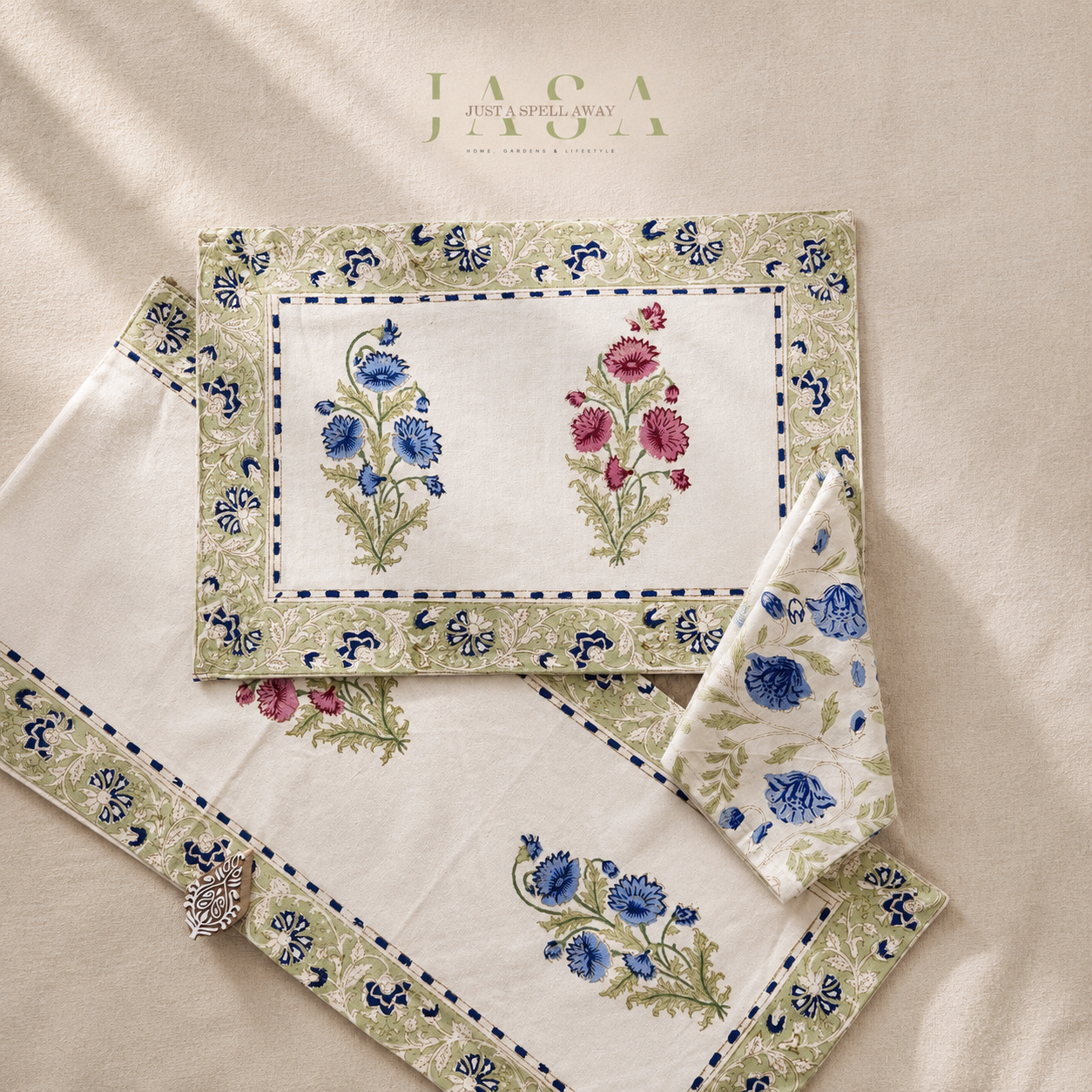 Hand Block Printed Cotton Runner Set - Blue & Pink Buta 
