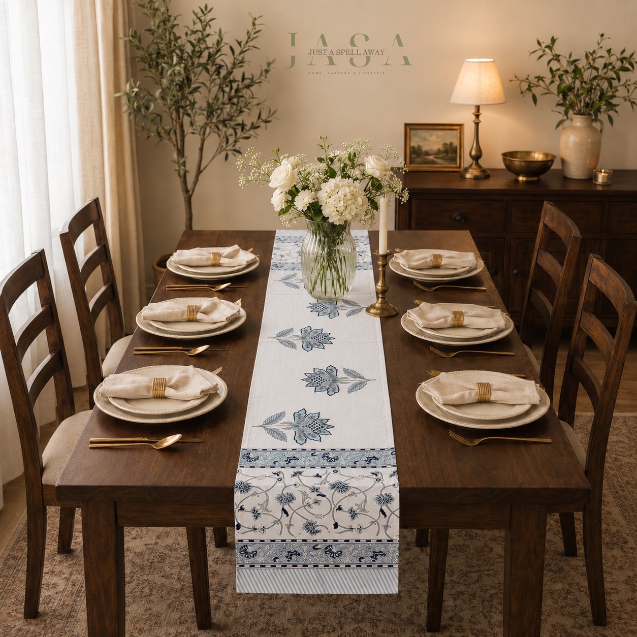 Cotton Hand Block Printed Runner - Blue Flora