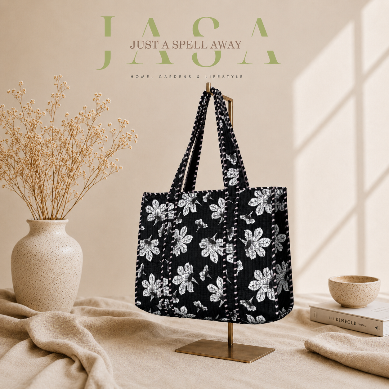 Hand Block Printed 18" Tote Bag - Black & White