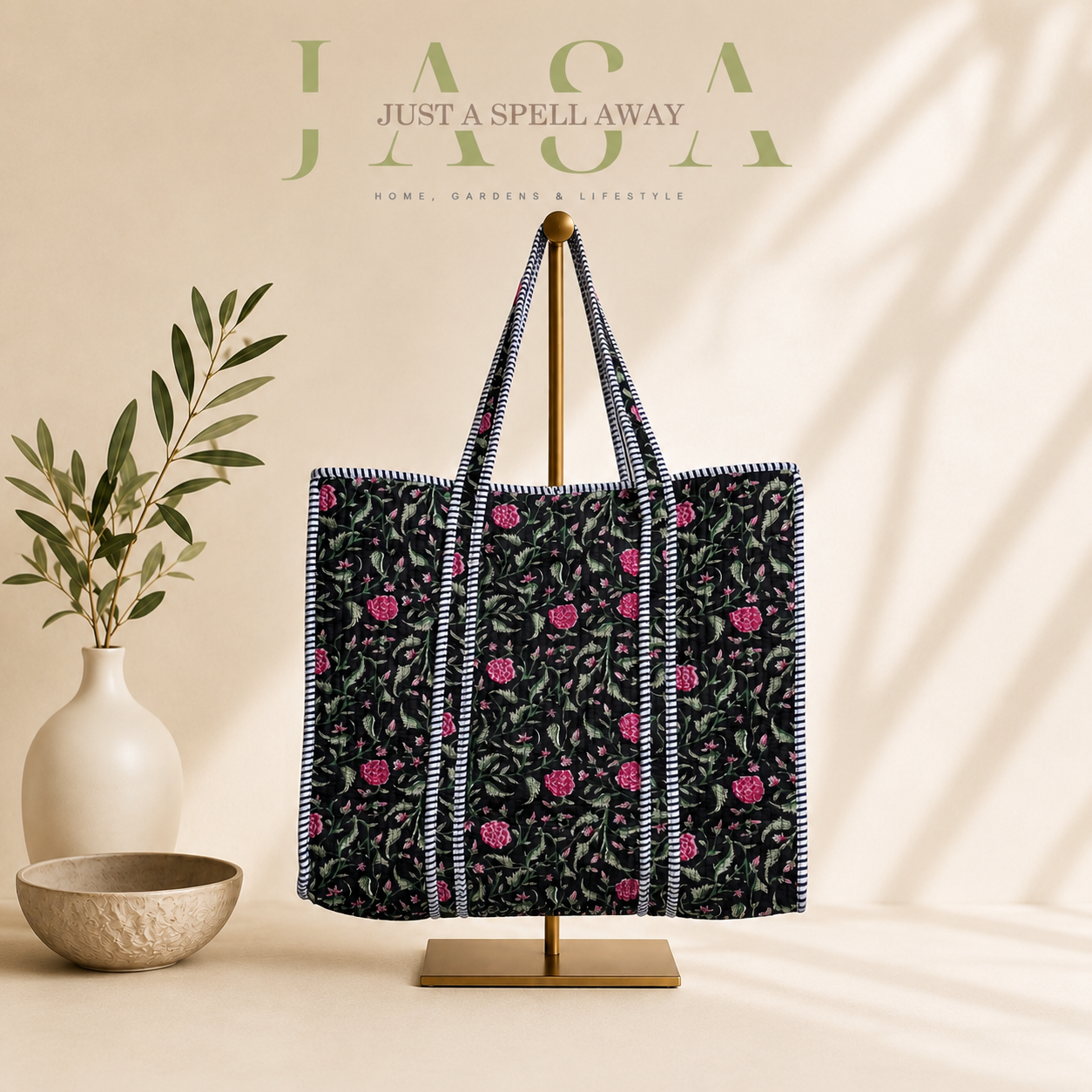 Hand Block Printed 18" Tote Bag - Black