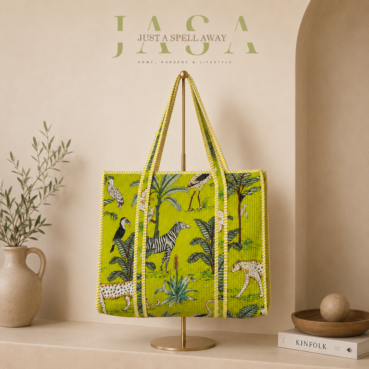 Hand Block Printed 18" Tote Bag - Neon