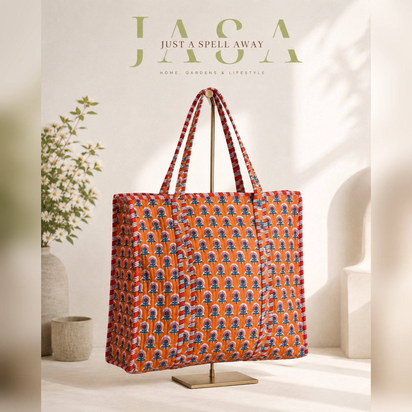 Hand Block Printed 16" Tote Bag - Orange