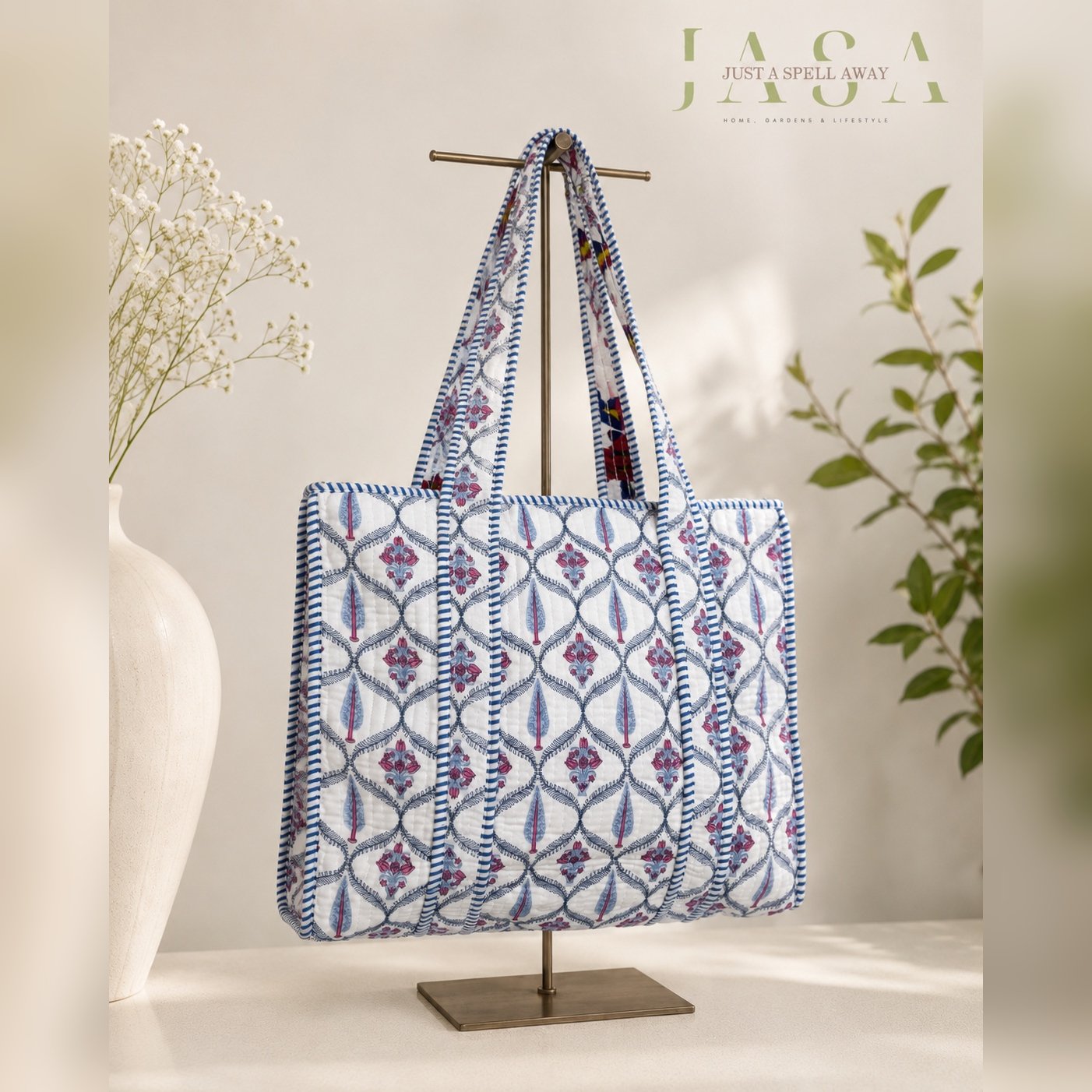 Hand Block Printed 16" Tote Bag - White