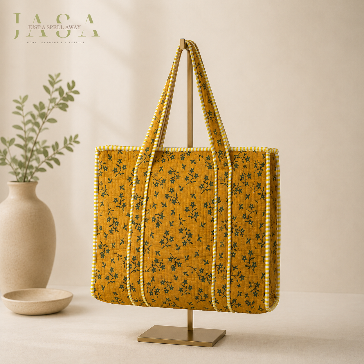 Hand Block Printed 16" Tote Bag - Yellow