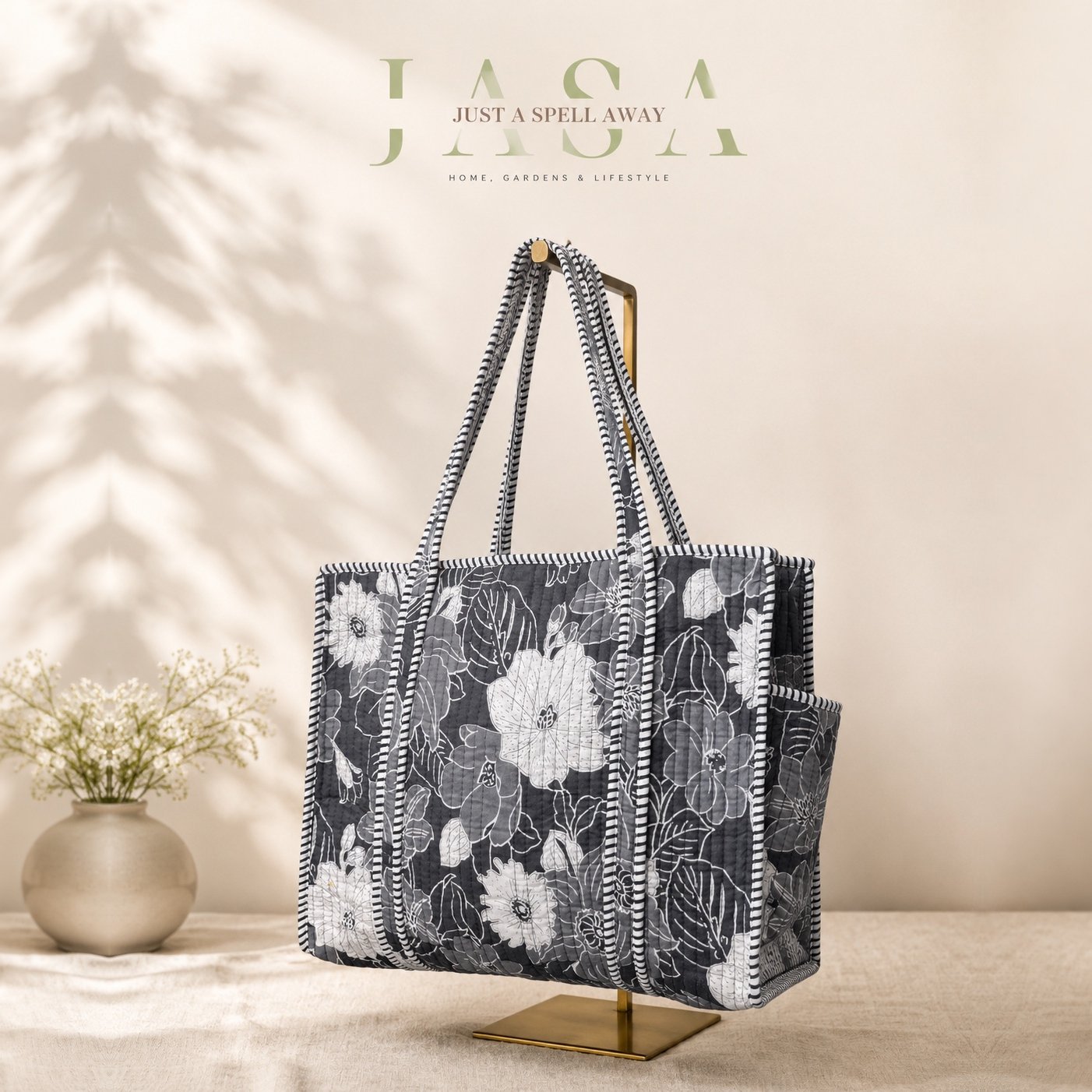 Hand Block Printed 16" Tote Bag - Grey