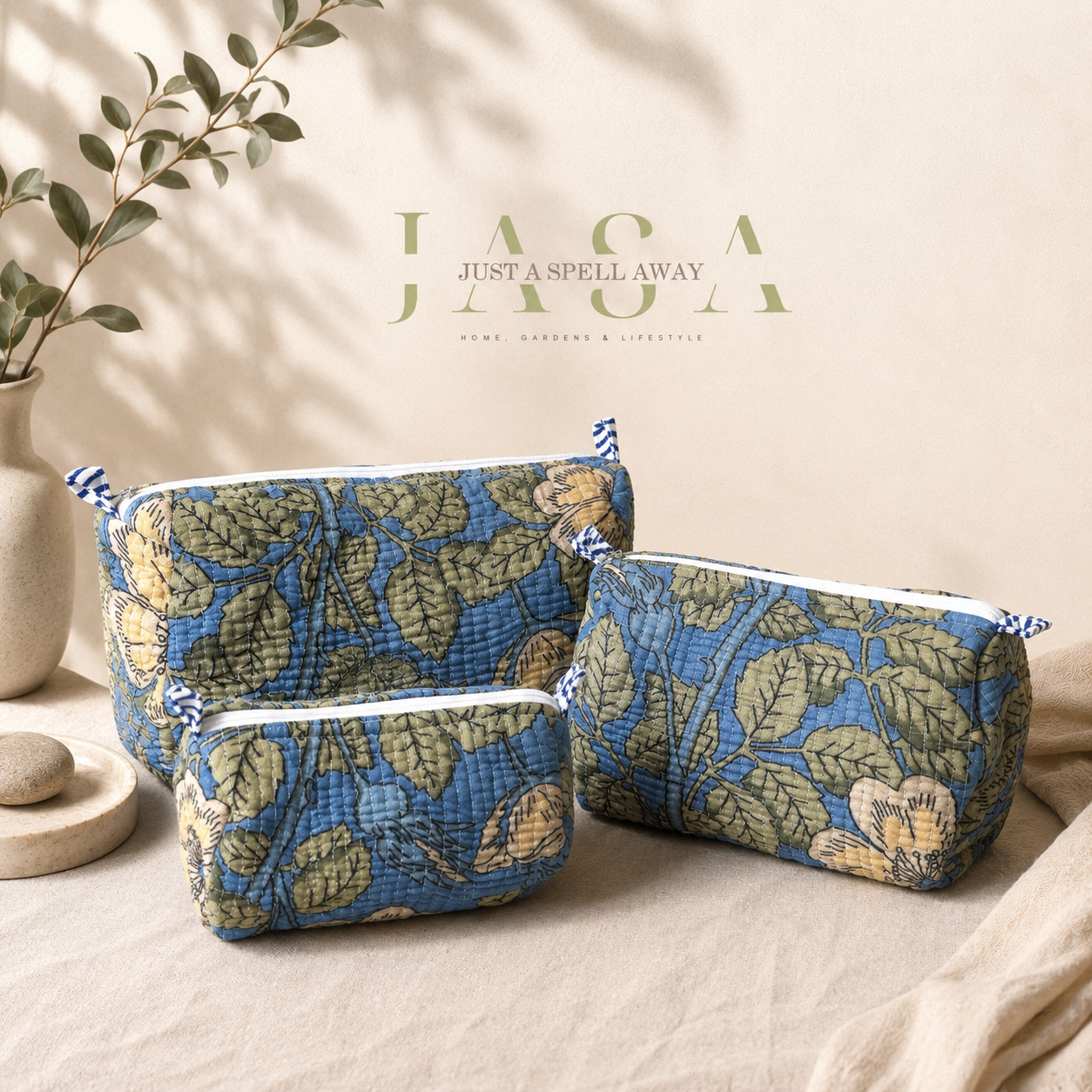 Blue Floral Vanity Pouch (Set Of 3)