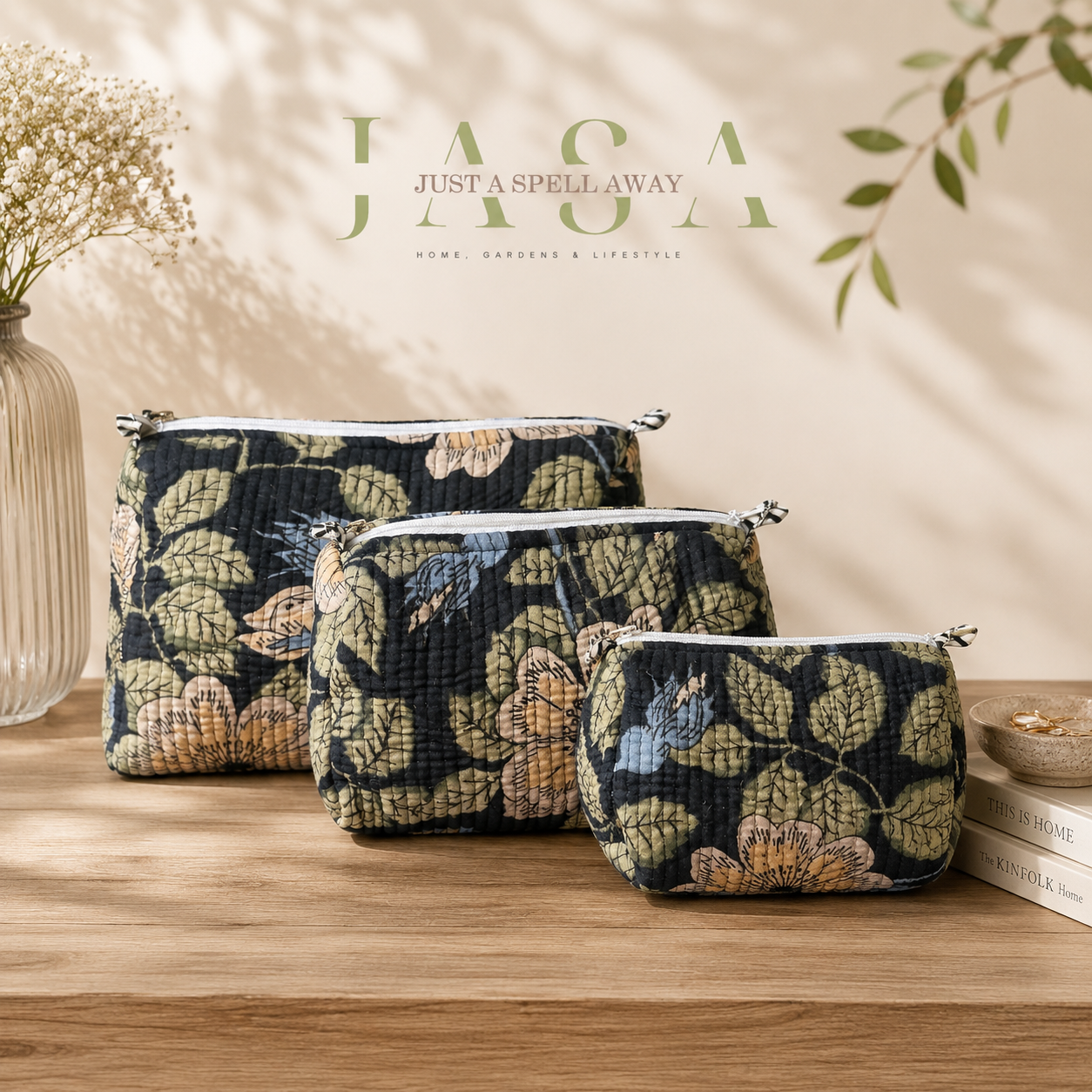 Black Floral Vanity Pouch (Set Of 3)
