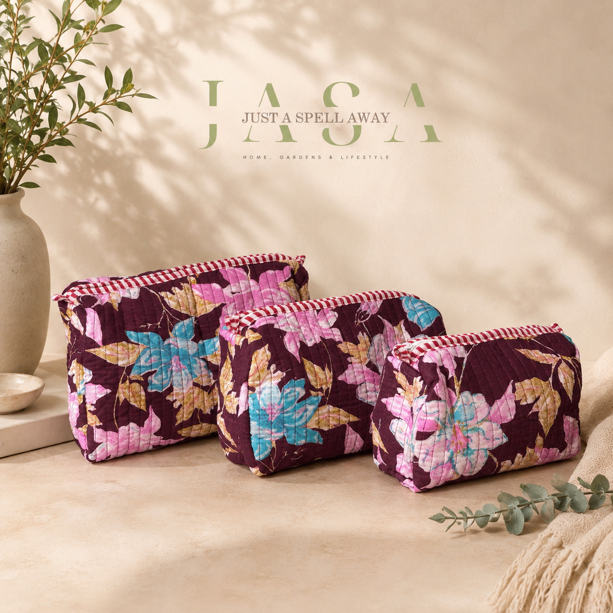 Maroon Floral Vanity Pouch (Set Of 3)