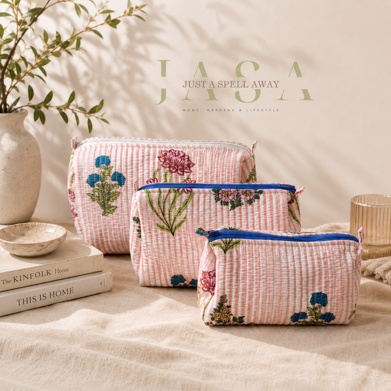 Peach Floral Vanity Pouch (Set Of 3)