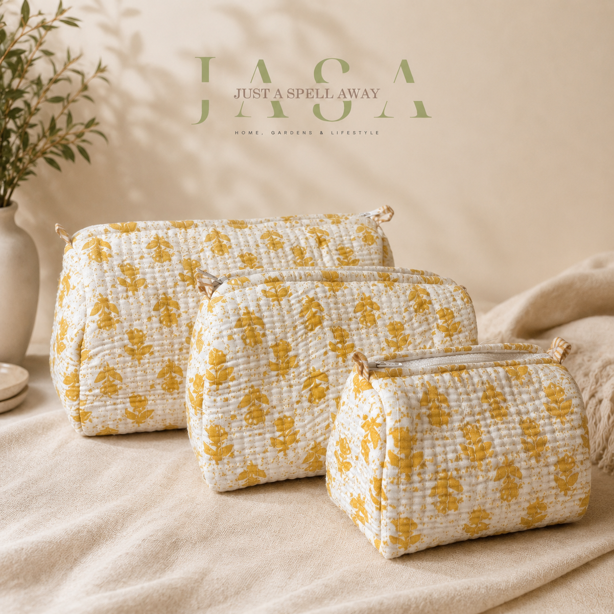 Yellow Buta Vanity Pouch (Set Of 3)