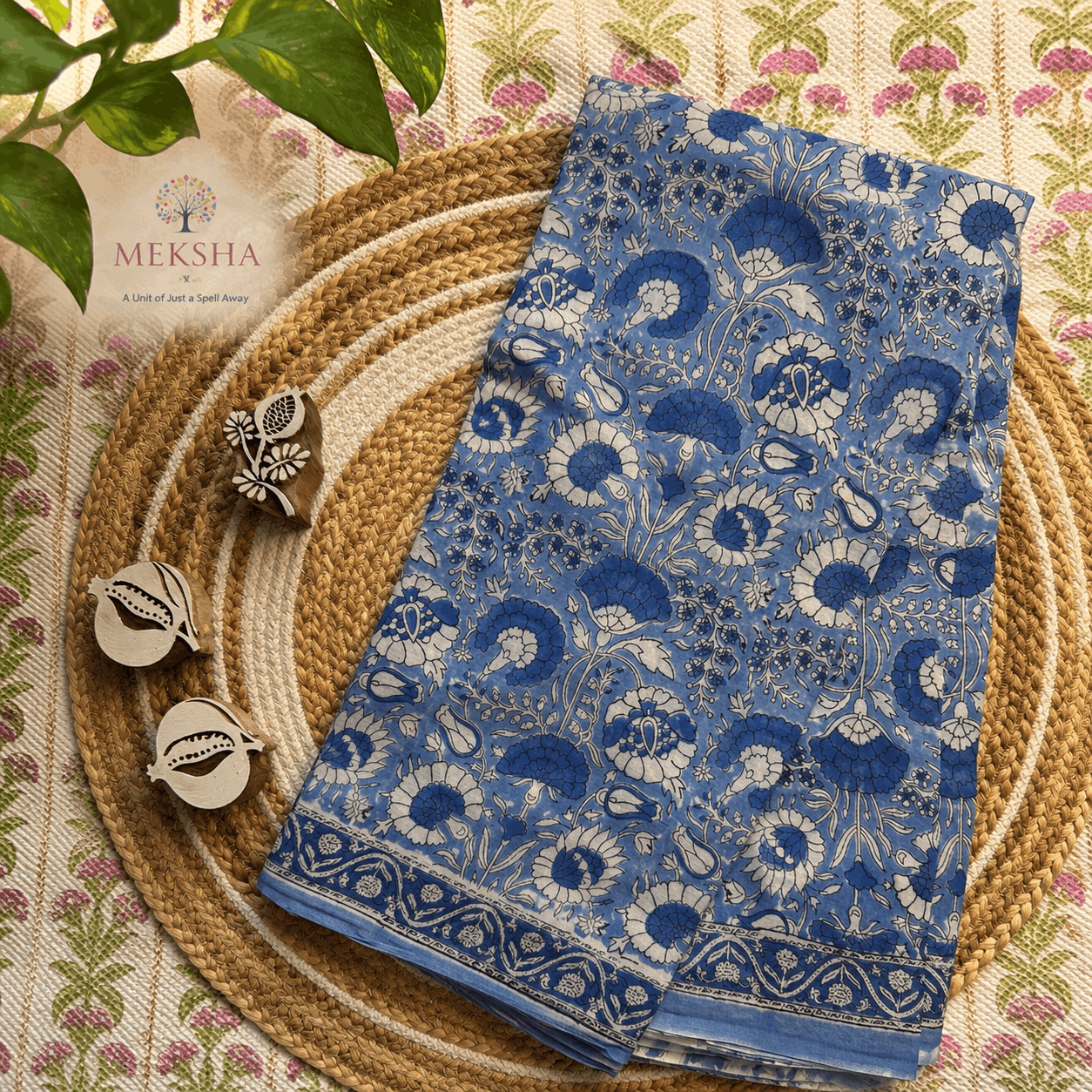 Hand Block Printed Soft Cotton Saree - Blue
