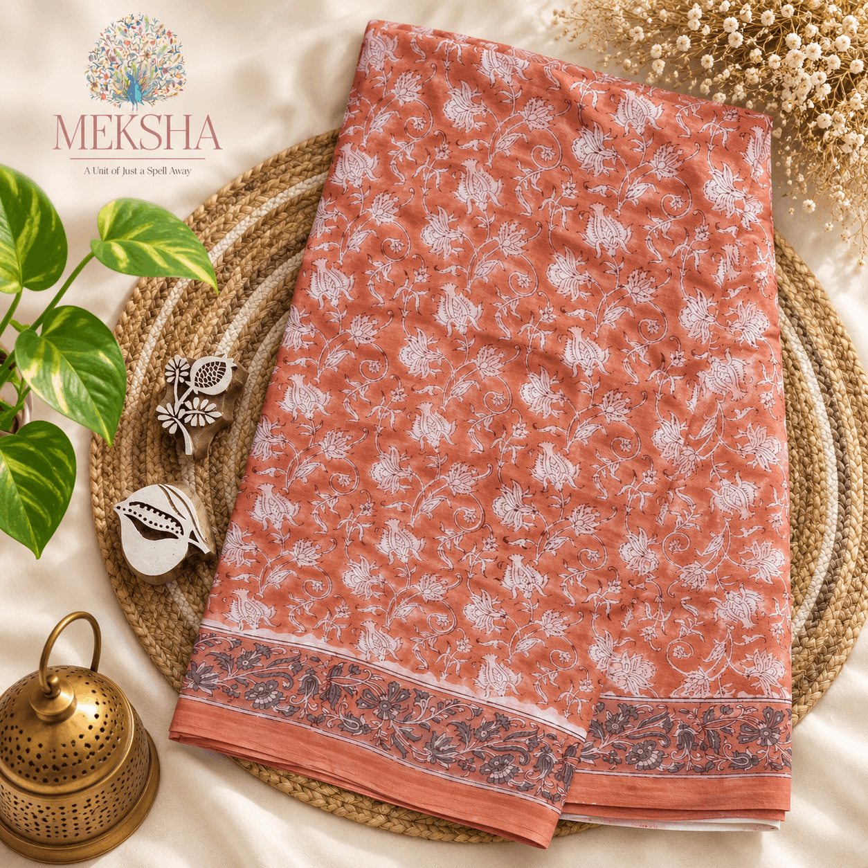 Hand Block Printed Soft Cotton Saree - Light Orange