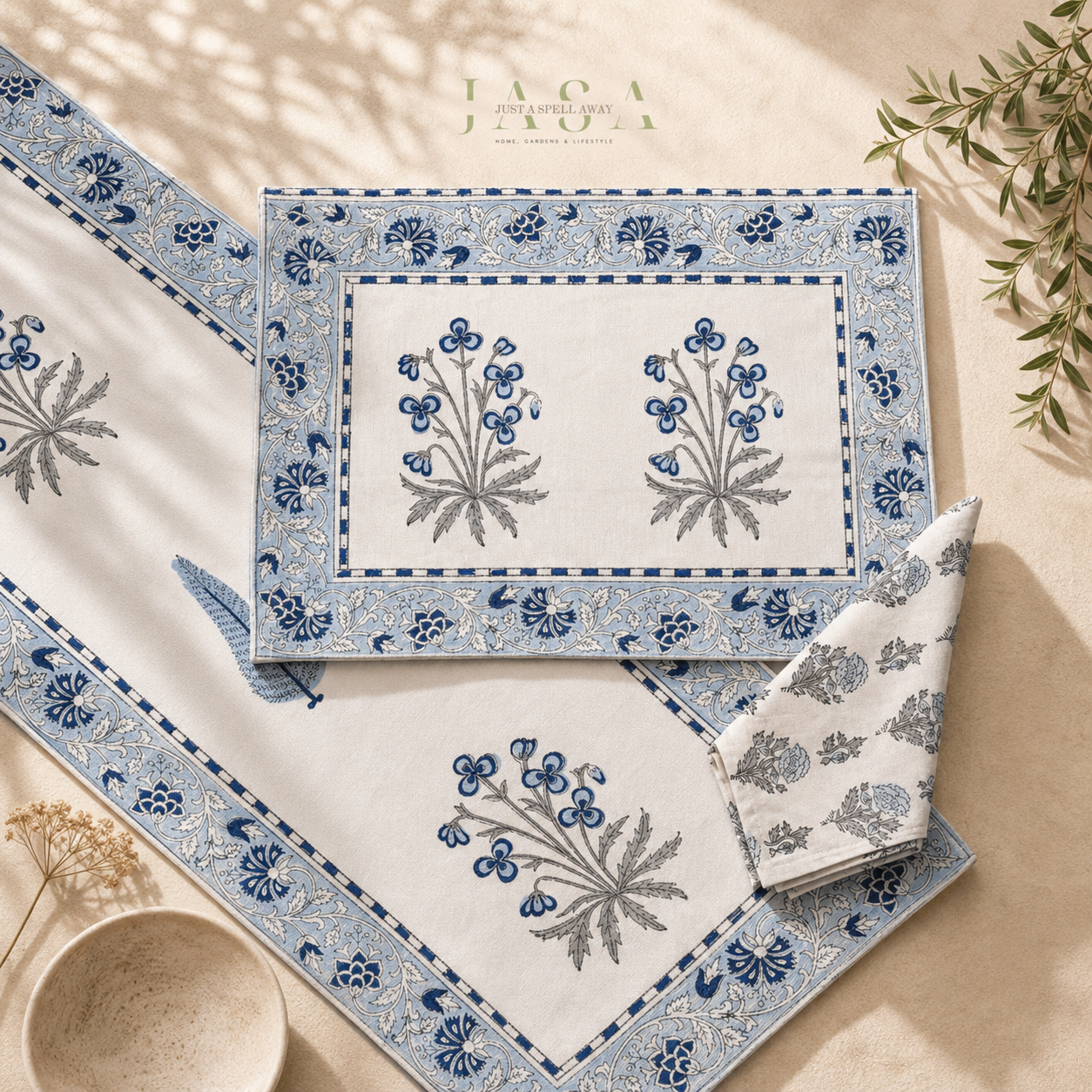 Hand Block Printed Cotton Runner Set - Blue Gulbaag