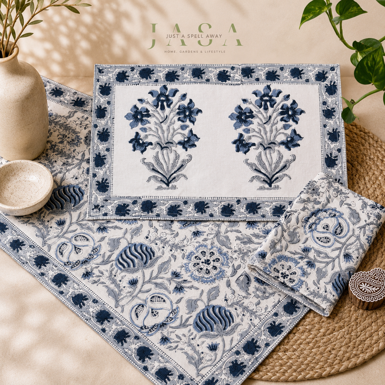 Hand Block Printed Cotton Runner Set - Blue Guldasta