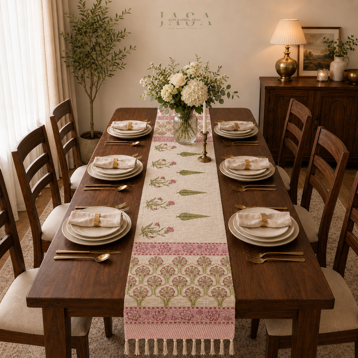 Cotton Jute Table Runner - Pink Bageecha