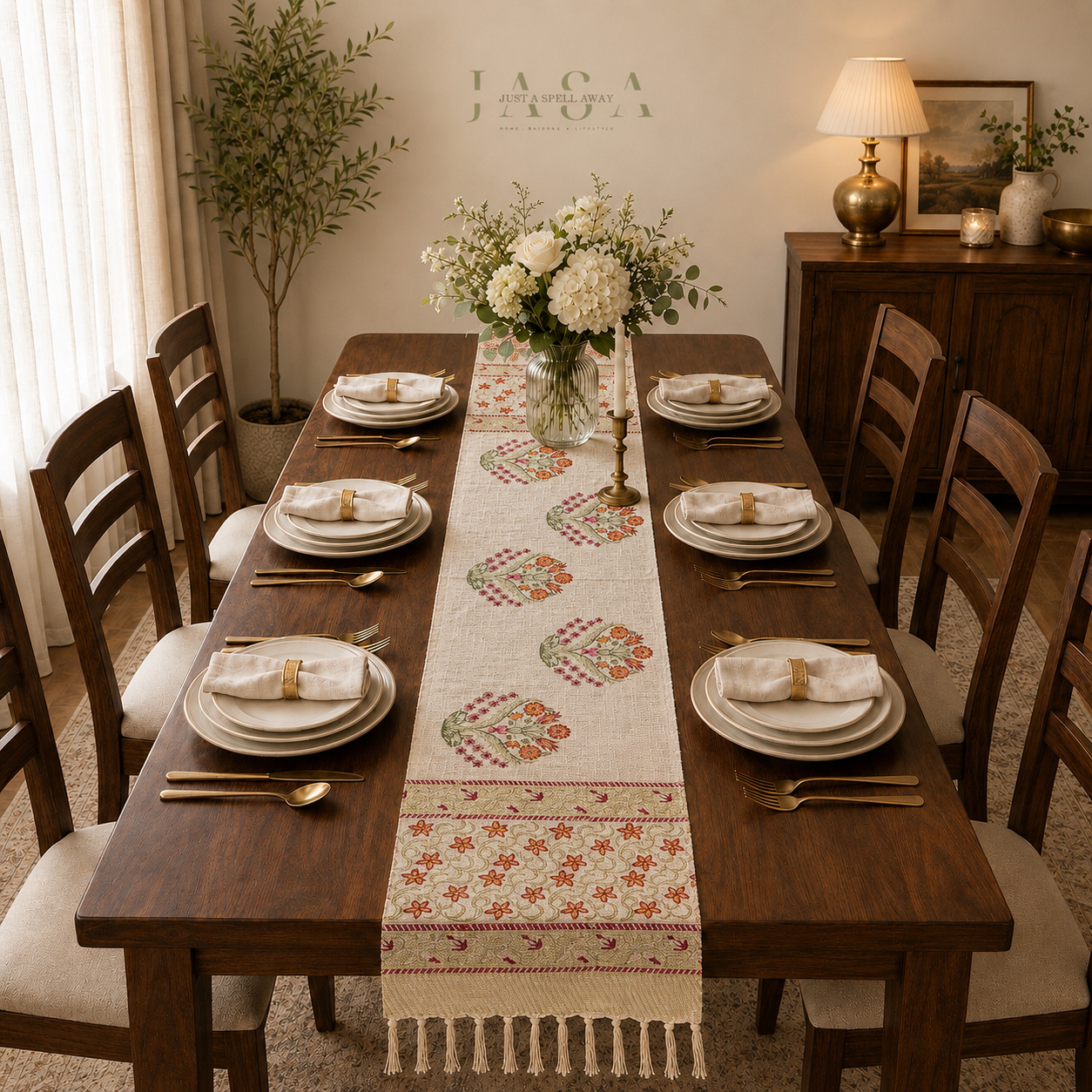 Cotton Jute Table Runner - Red & Yellow Phool