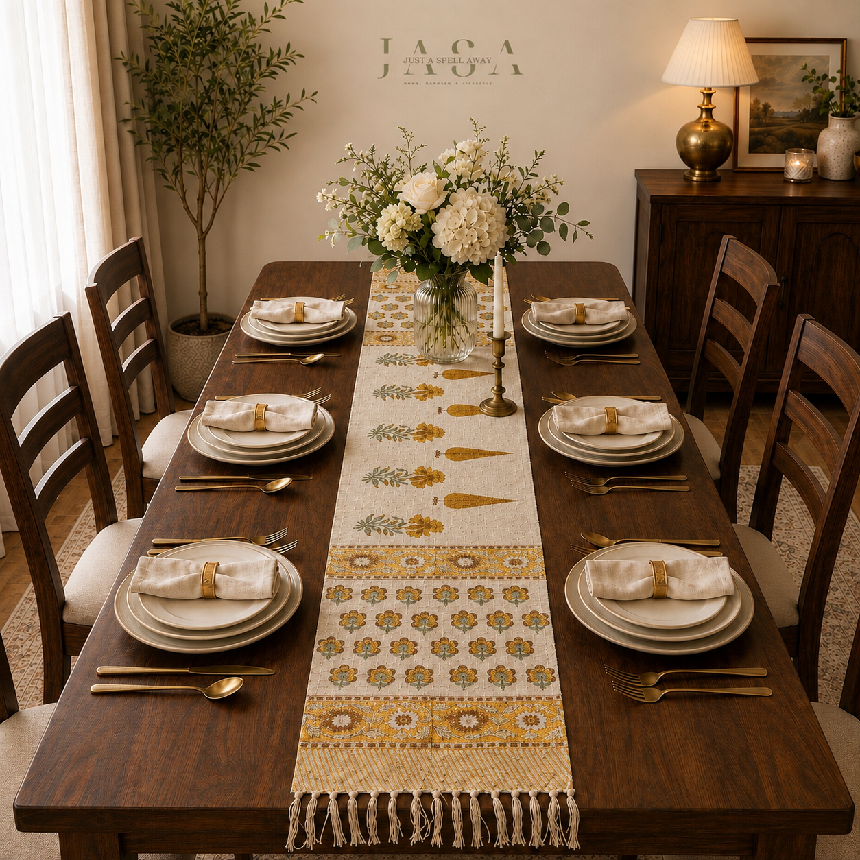 Cotton Jute Table Runner - Yellow Phool