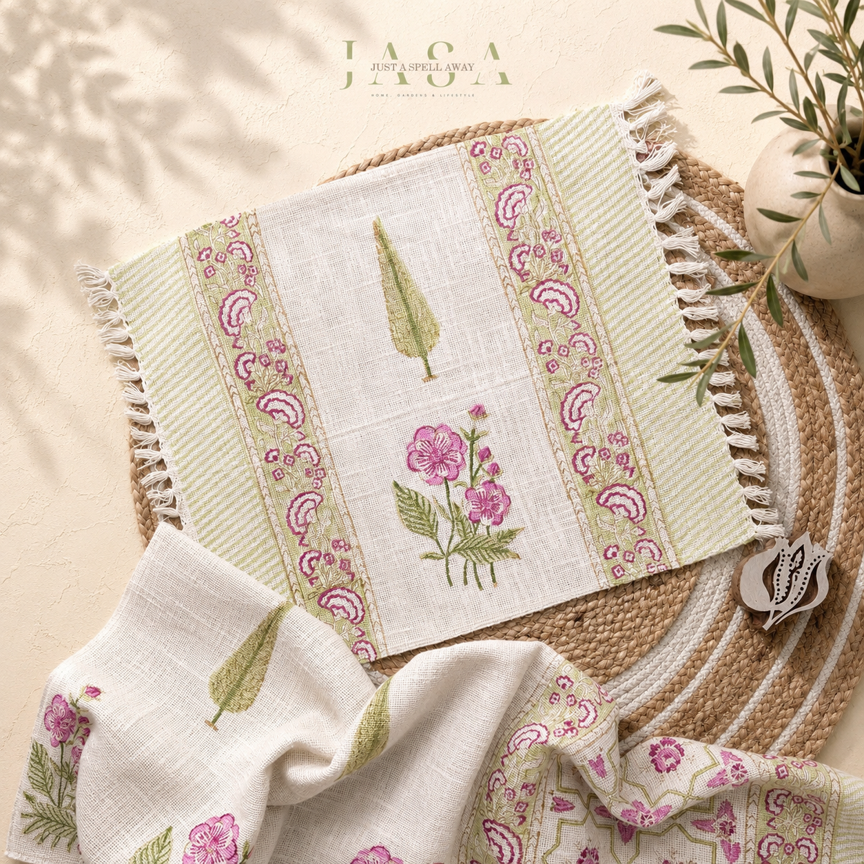 Cotton Jute Runner & Mats Set - Pink Bageecha