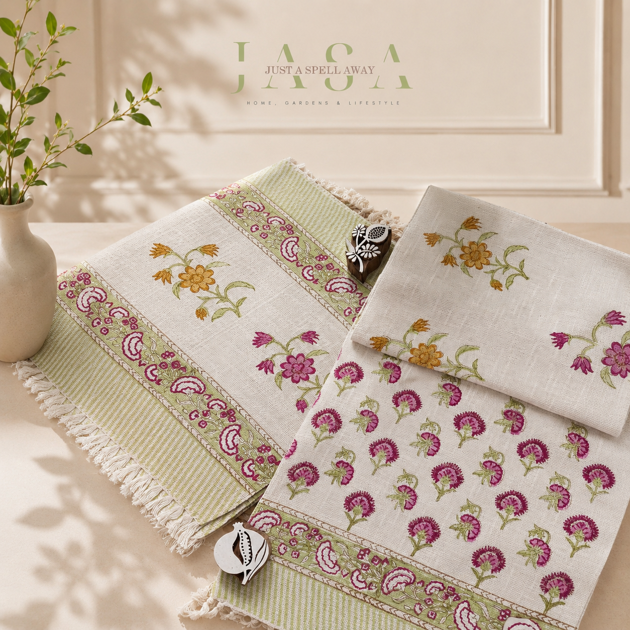 Cotton Jute Runner & Mats Set - Yellow & Pink