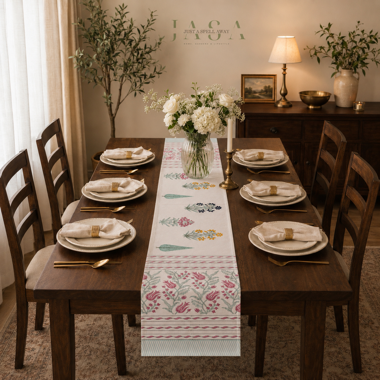 Cotton Hand Block Printed Runner - Blue, Pink & Yellow Flora