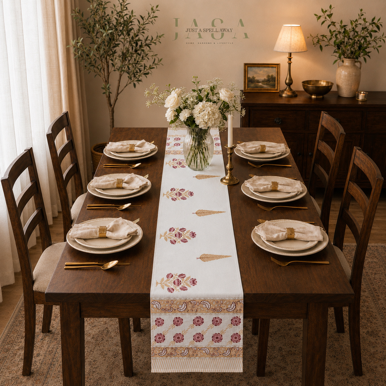 Cotton Hand Block Printed Runner - Pink & Maroon Flowers