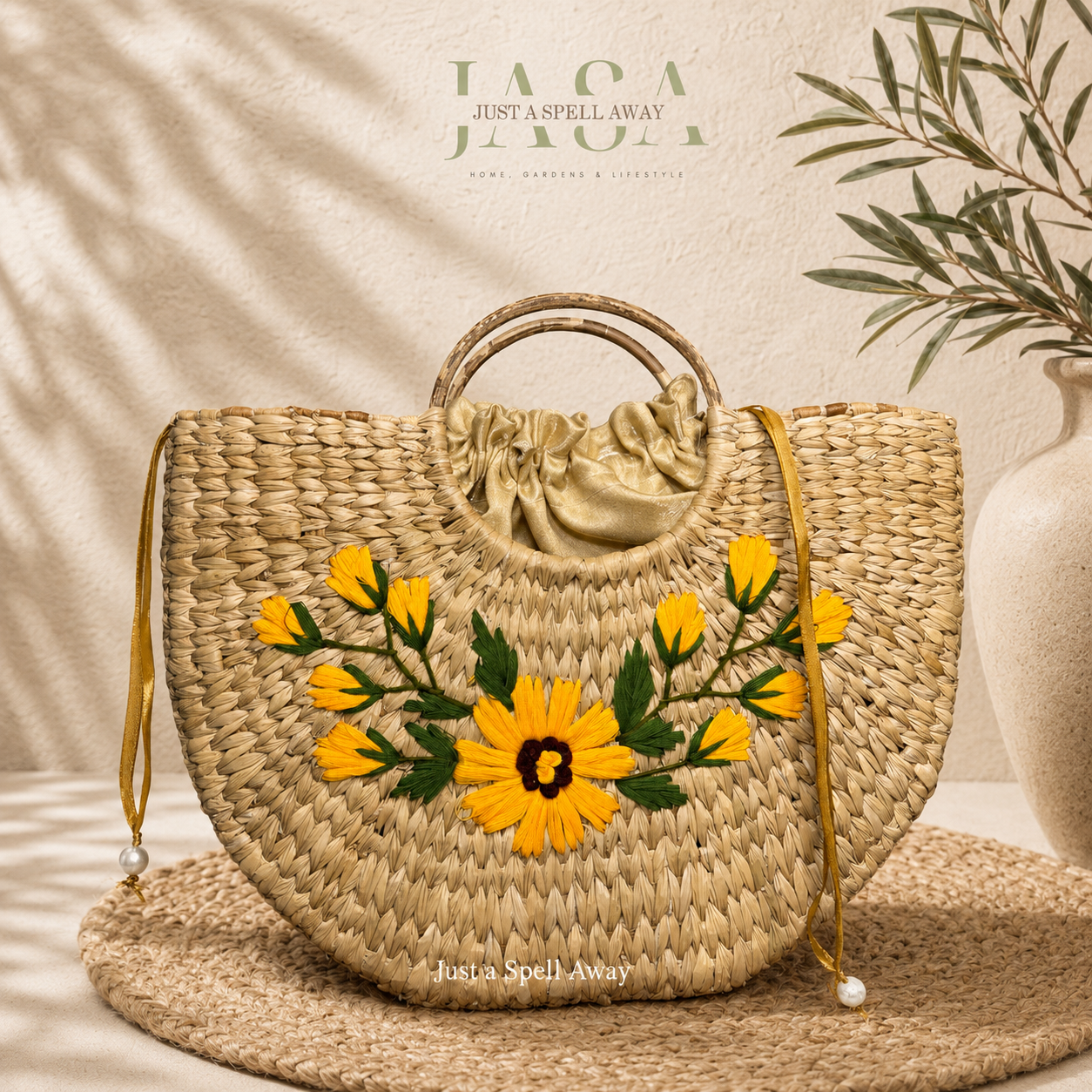 Reed Grass U Style Handbag - Yellow Floral (With Drawstring Closure)